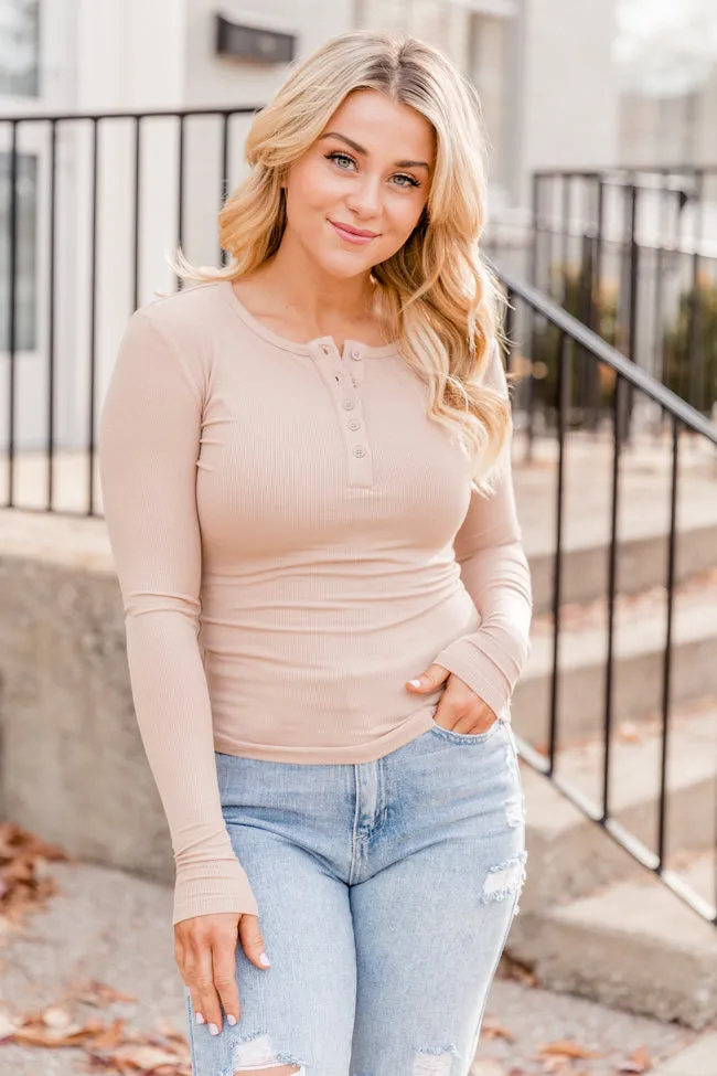 All The Better Tan Ribbed Knit Henley Long Sleeve Tee FINAL SALE