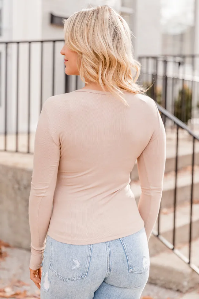 All The Better Tan Ribbed Knit Henley Long Sleeve Tee FINAL SALE