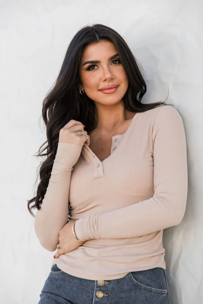 All The Better Tan Ribbed Knit Henley Long Sleeve Tee FINAL SALE