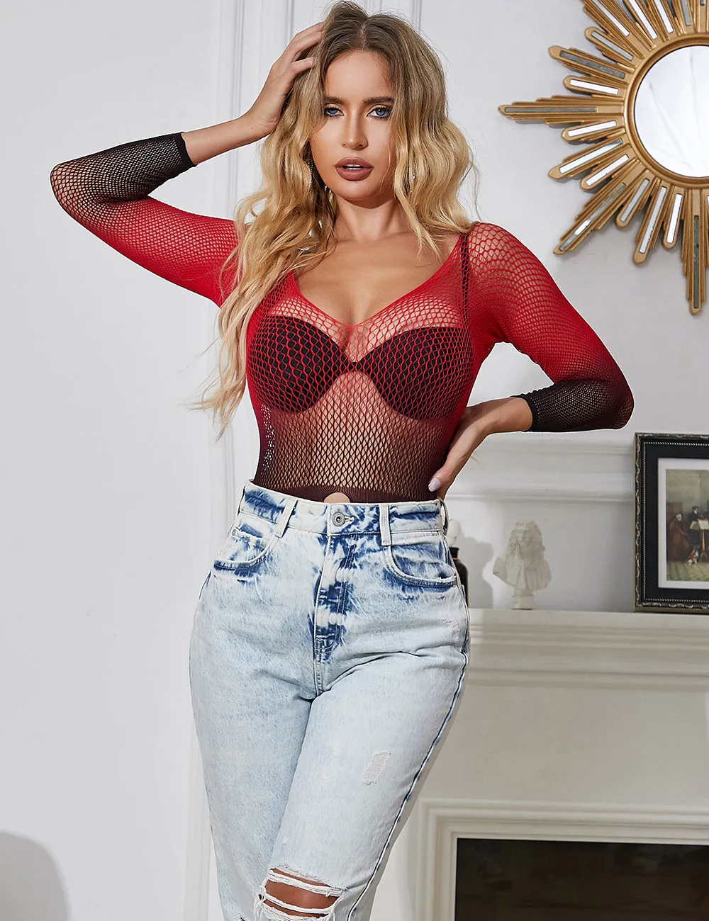 Black And Red Two-Color Gradient Stretchy Fishnet Bodystocking Egypt