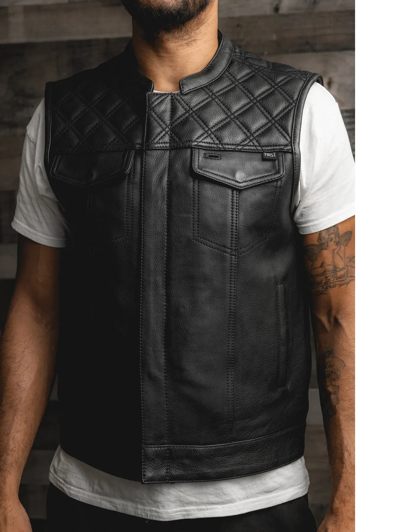 BLACK FIM671CDM Double Diamond Stitch Club Leather Motorcycle Vest Naked Leather