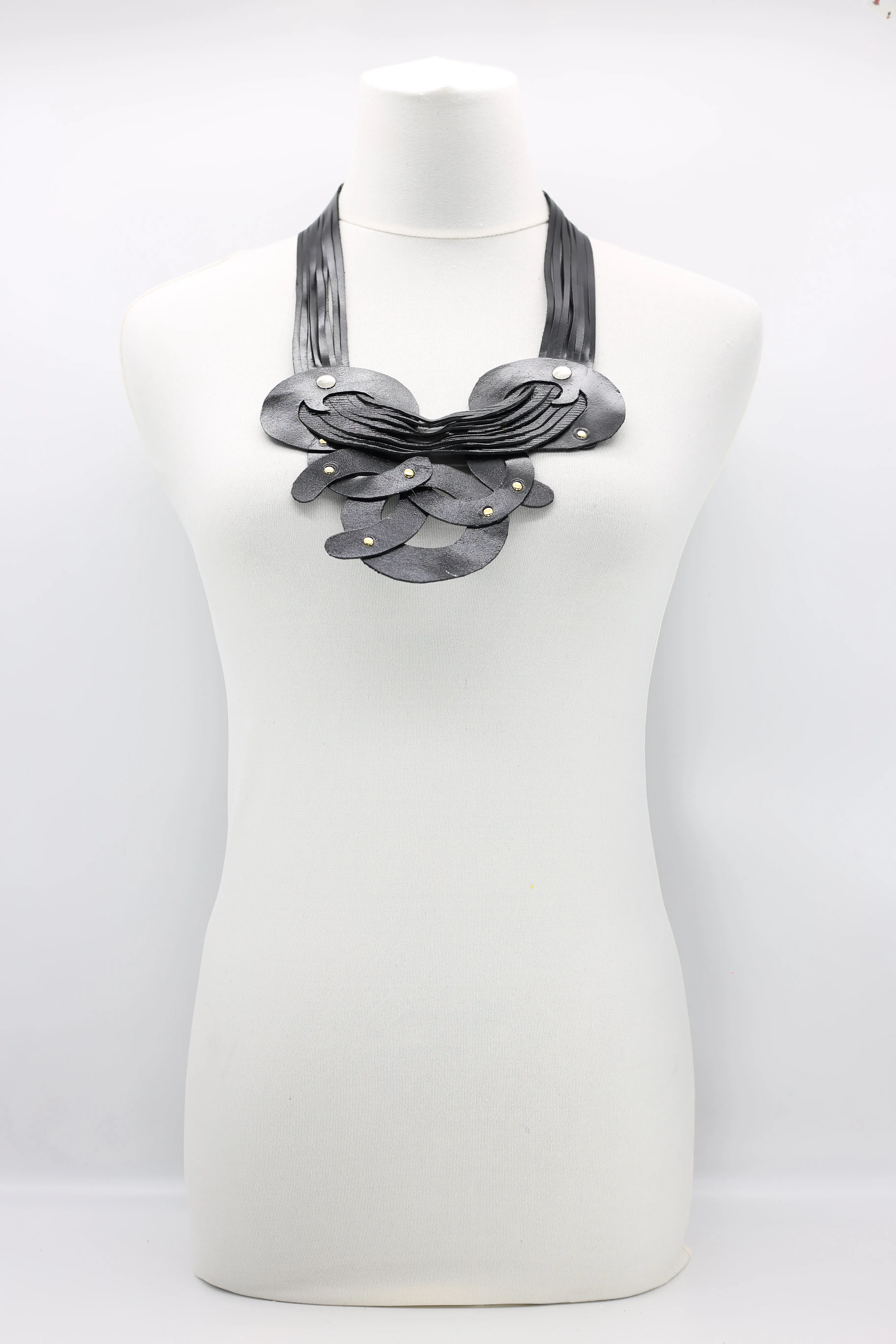Black Hummingbird Eggs In A Nest Neckalce From Recycled Leather