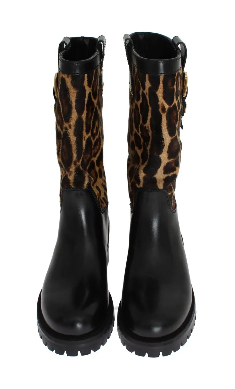 Black Leather Leopard Print Hair Boots