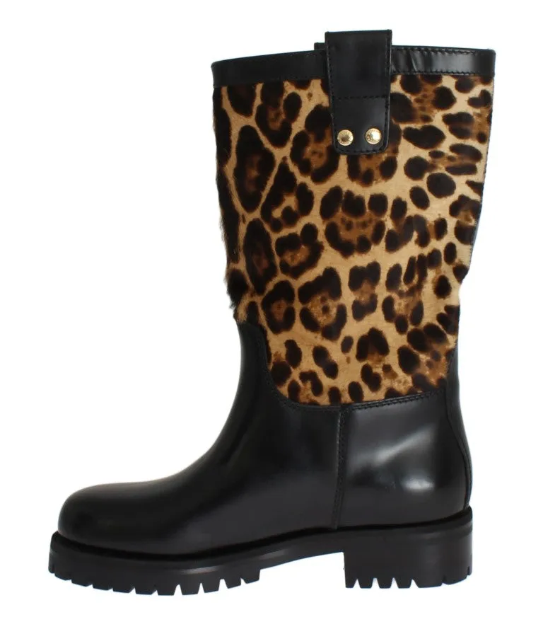 Black Leather Leopard Print Hair Boots