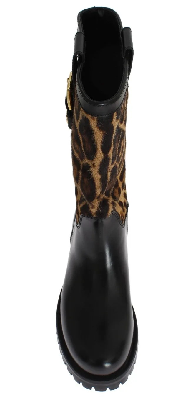 Black Leather Leopard Print Hair Boots