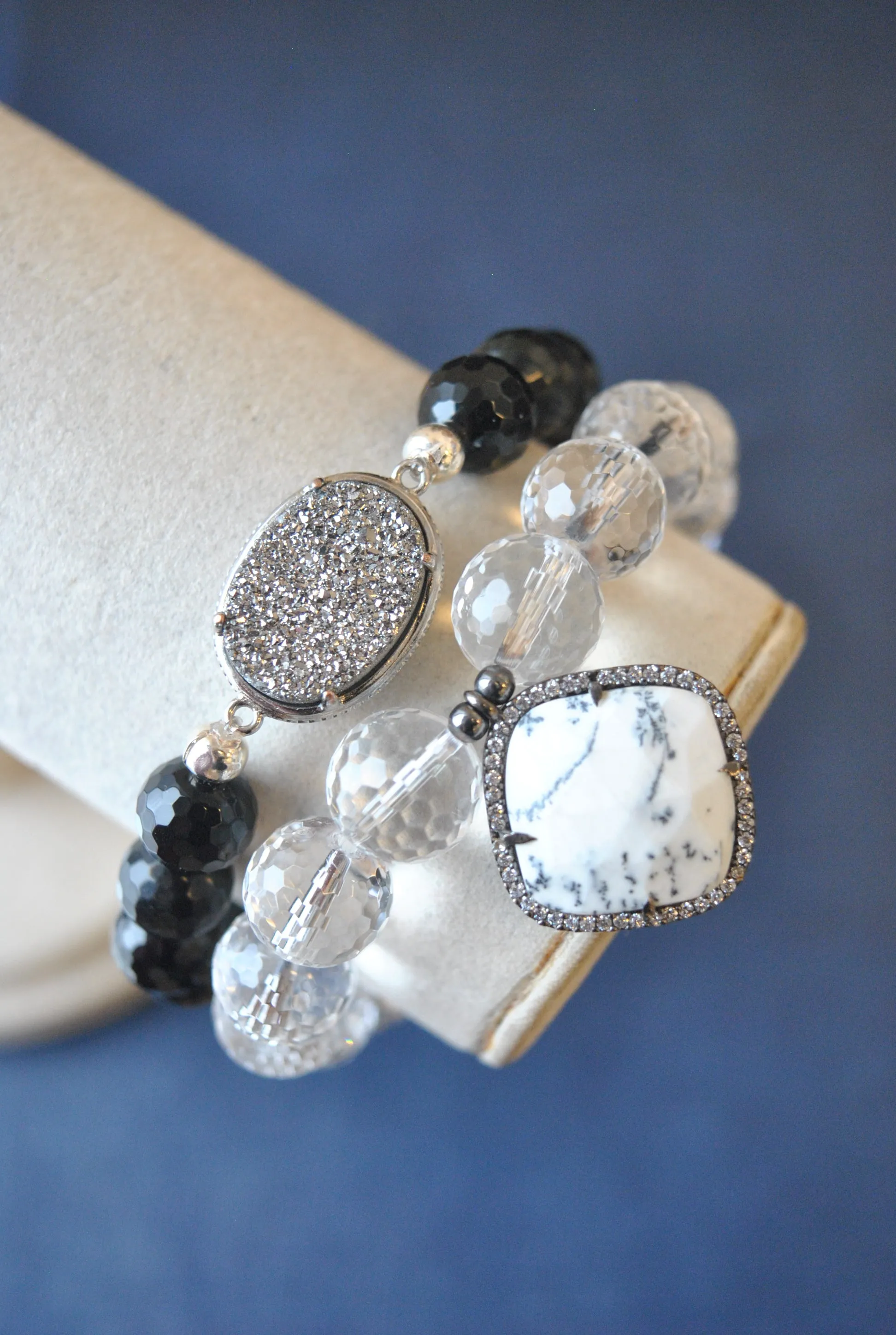 BLACK ONYX AND CRYSTAL QUARTZ BRACELET SET