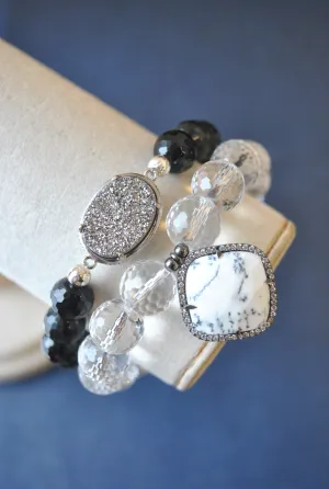 BLACK ONYX AND CRYSTAL QUARTZ BRACELET SET