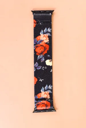 Black/Red Floral Stretchy Apple Watchband - WB034BK
