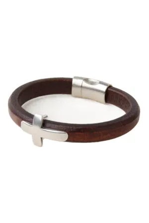 Brown Italian Leather Station Bracelet with Cross Accent