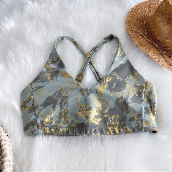 Carbon38 Sports Bra Green Gold Marble Shine Pearl Cross Back Sport Bra Foil