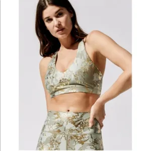 Carbon38 Sports Bra Green Gold Marble Shine Pearl Cross Back Sport Bra Foil