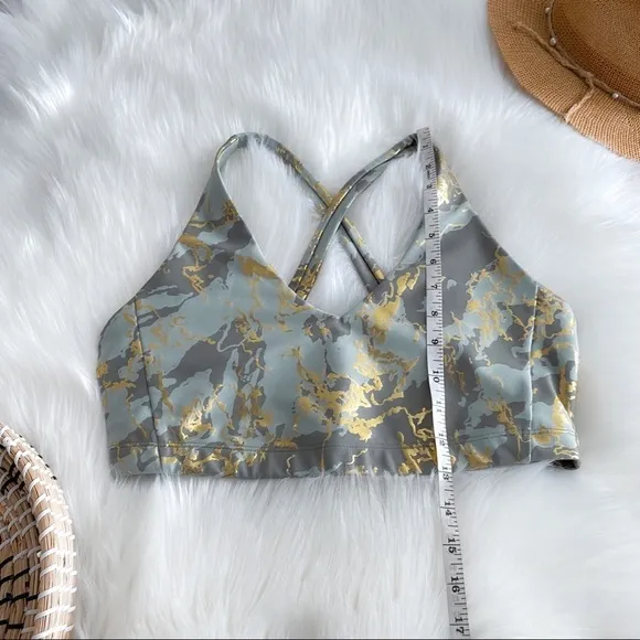 Carbon38 Sports Bra Green Gold Marble Shine Pearl Cross Back Sport Bra Foil