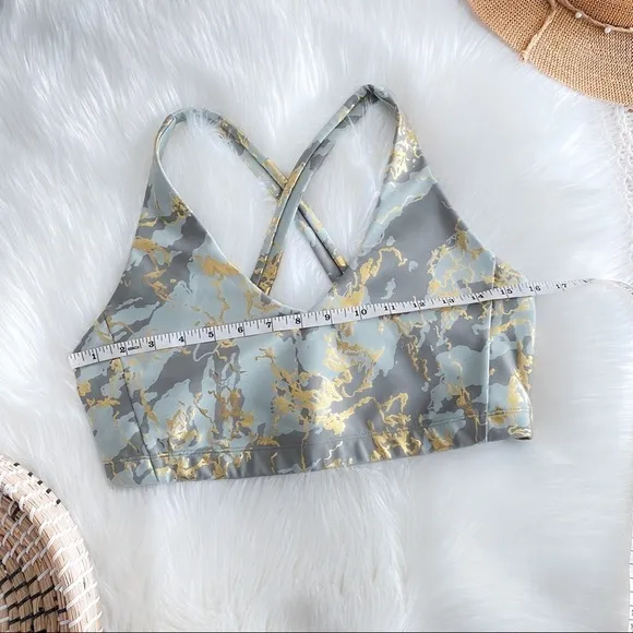 Carbon38 Sports Bra Green Gold Marble Shine Pearl Cross Back Sport Bra Foil