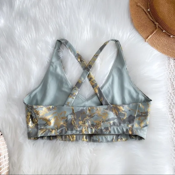 Carbon38 Sports Bra Green Gold Marble Shine Pearl Cross Back Sport Bra Foil
