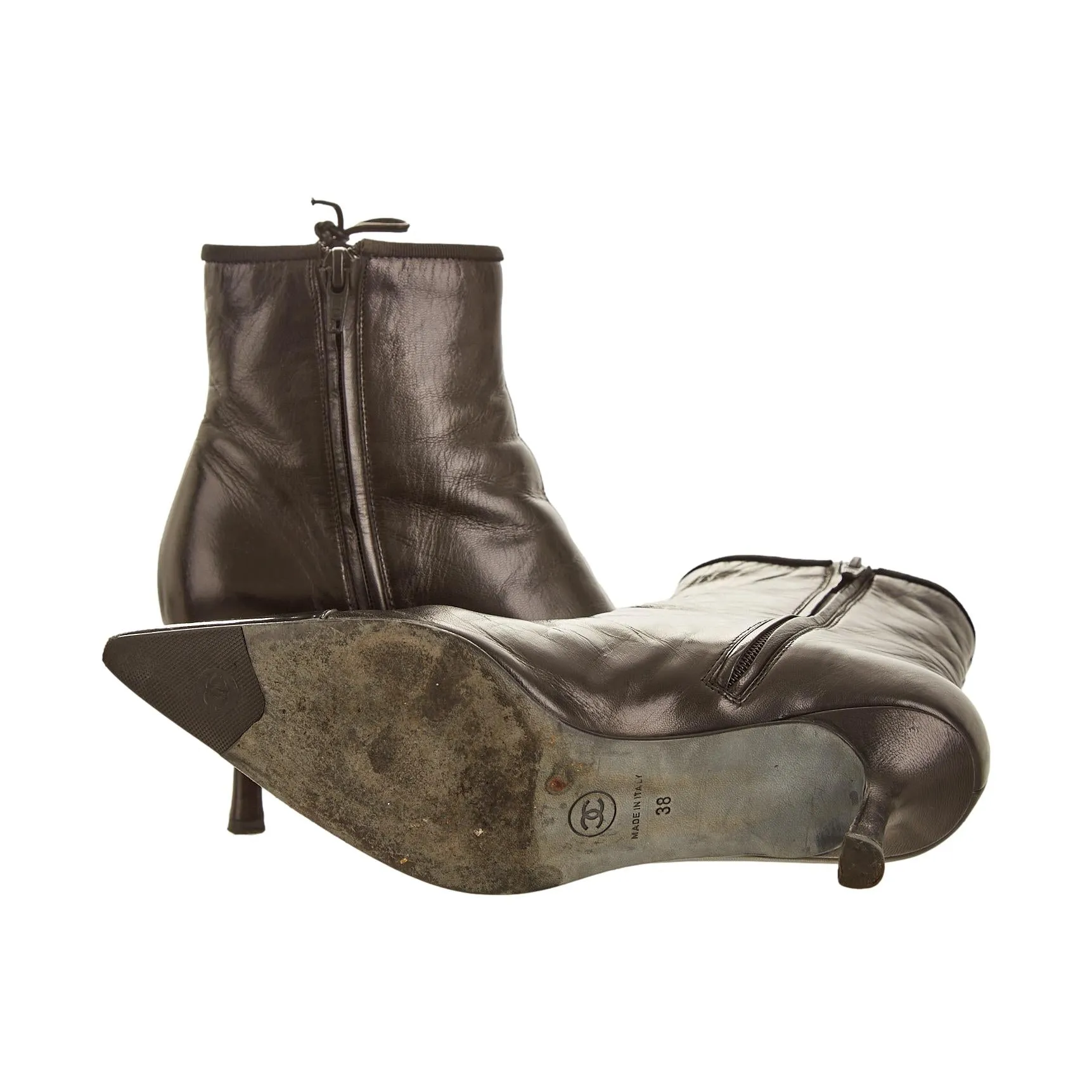 Chanel Black Leather Logo Ankle Boots