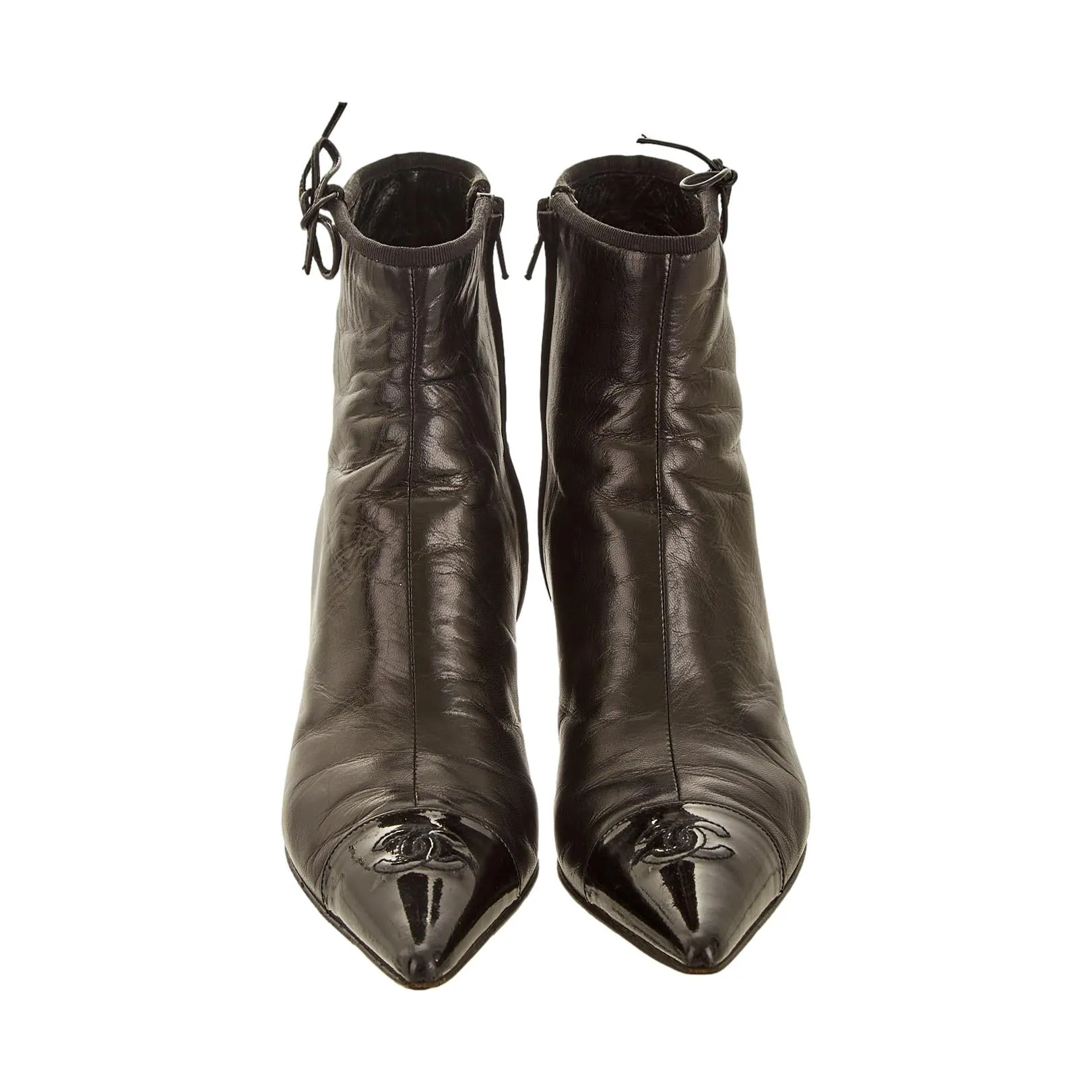 Chanel Black Leather Logo Ankle Boots