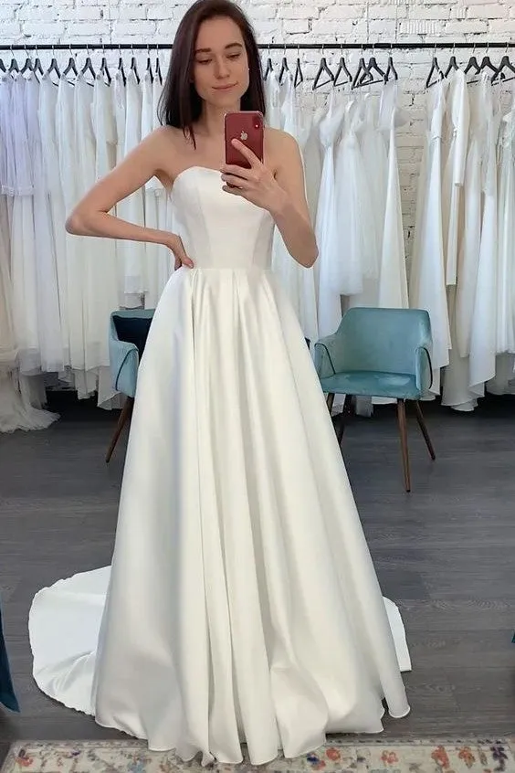 Chic Backless Satin Simple Bride Dresses Online