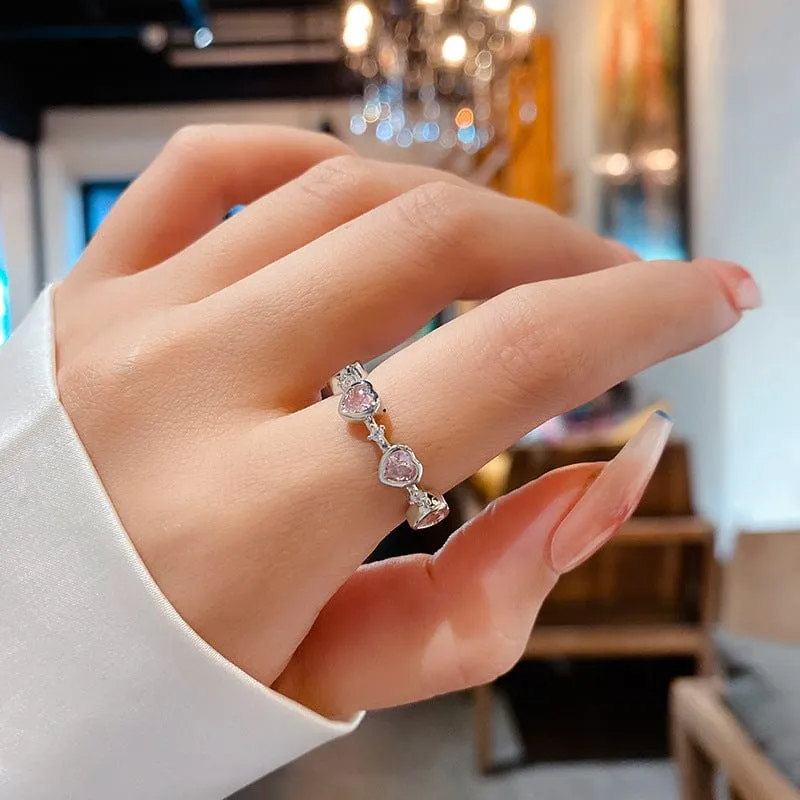 Chic CZ Inlaid Pink Crystal Heart Ring