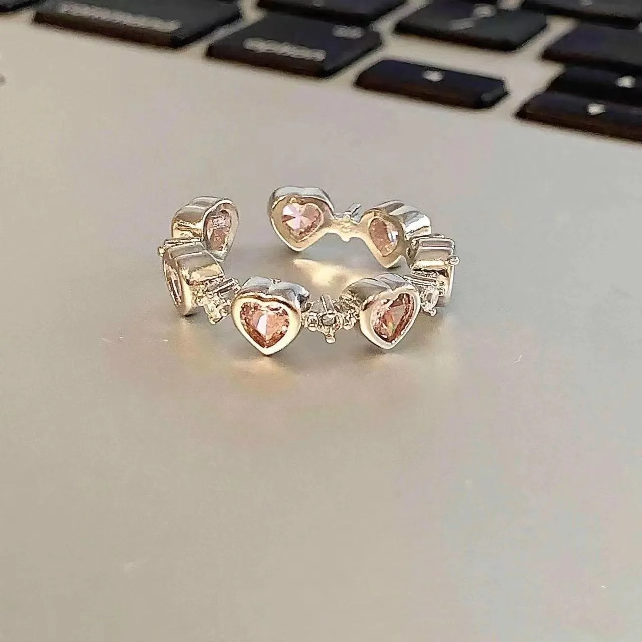 Chic CZ Inlaid Pink Crystal Heart Ring