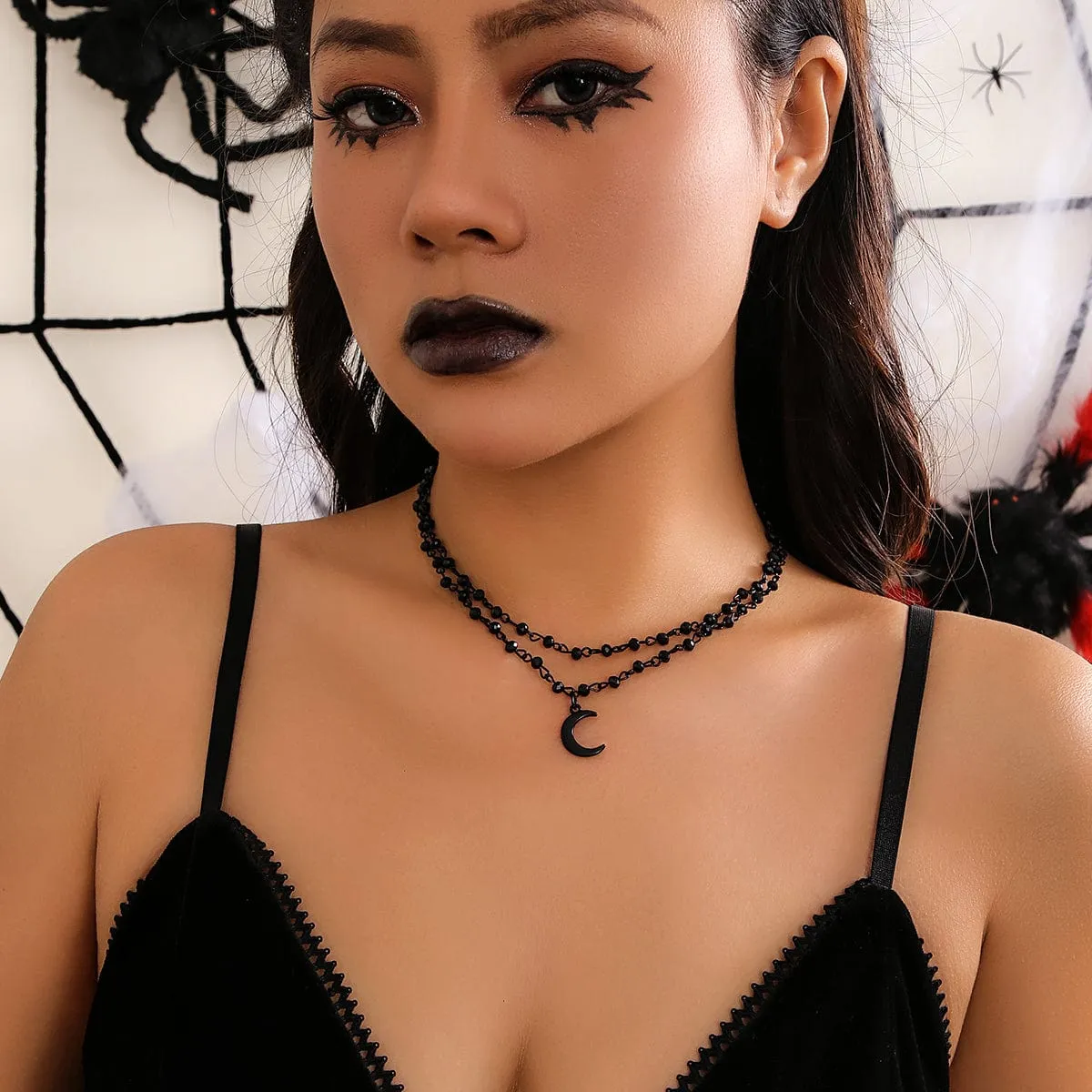 Chic Enamel Moon Pendant Crystal Ball Chain Choker Necklace Set