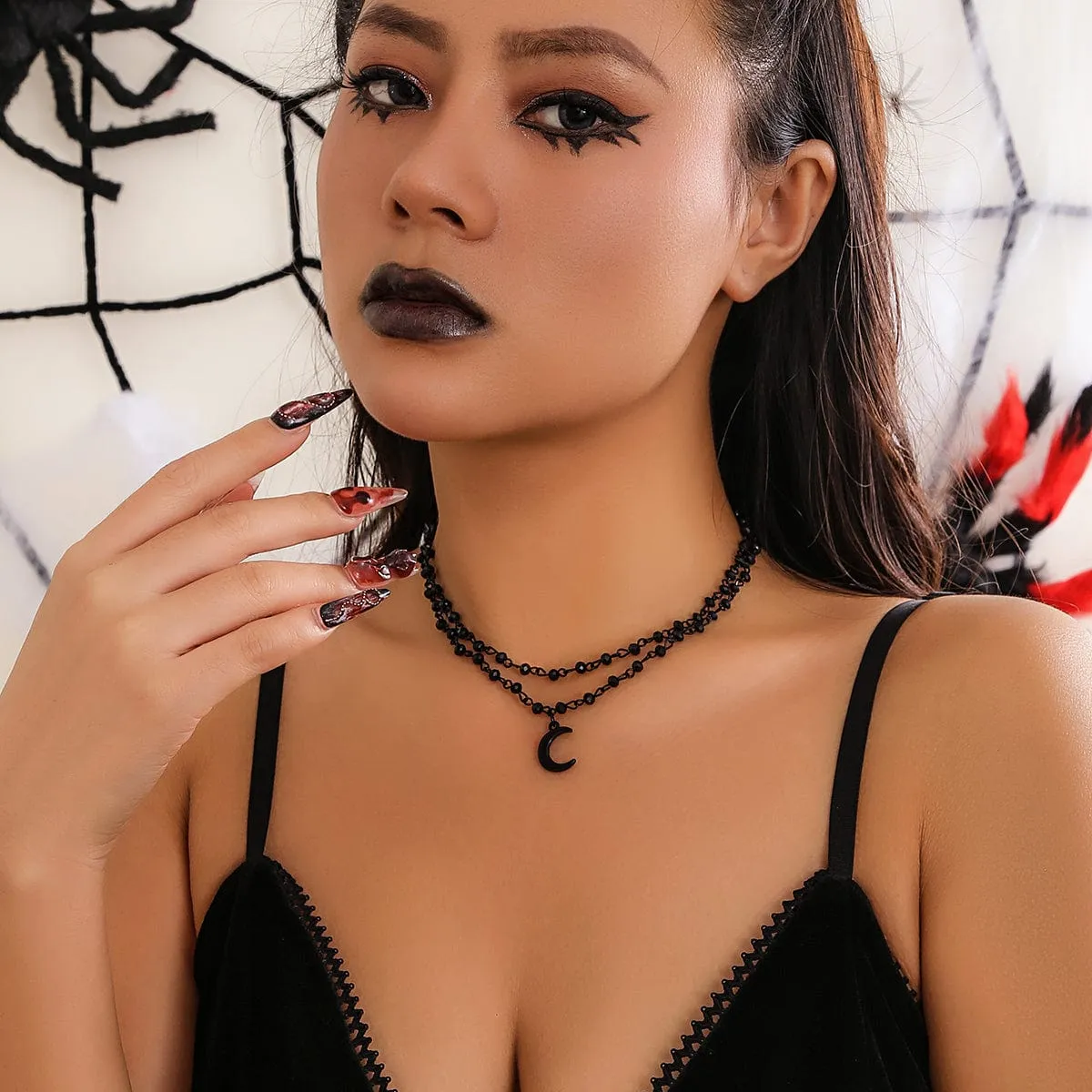 Chic Enamel Moon Pendant Crystal Ball Chain Choker Necklace Set