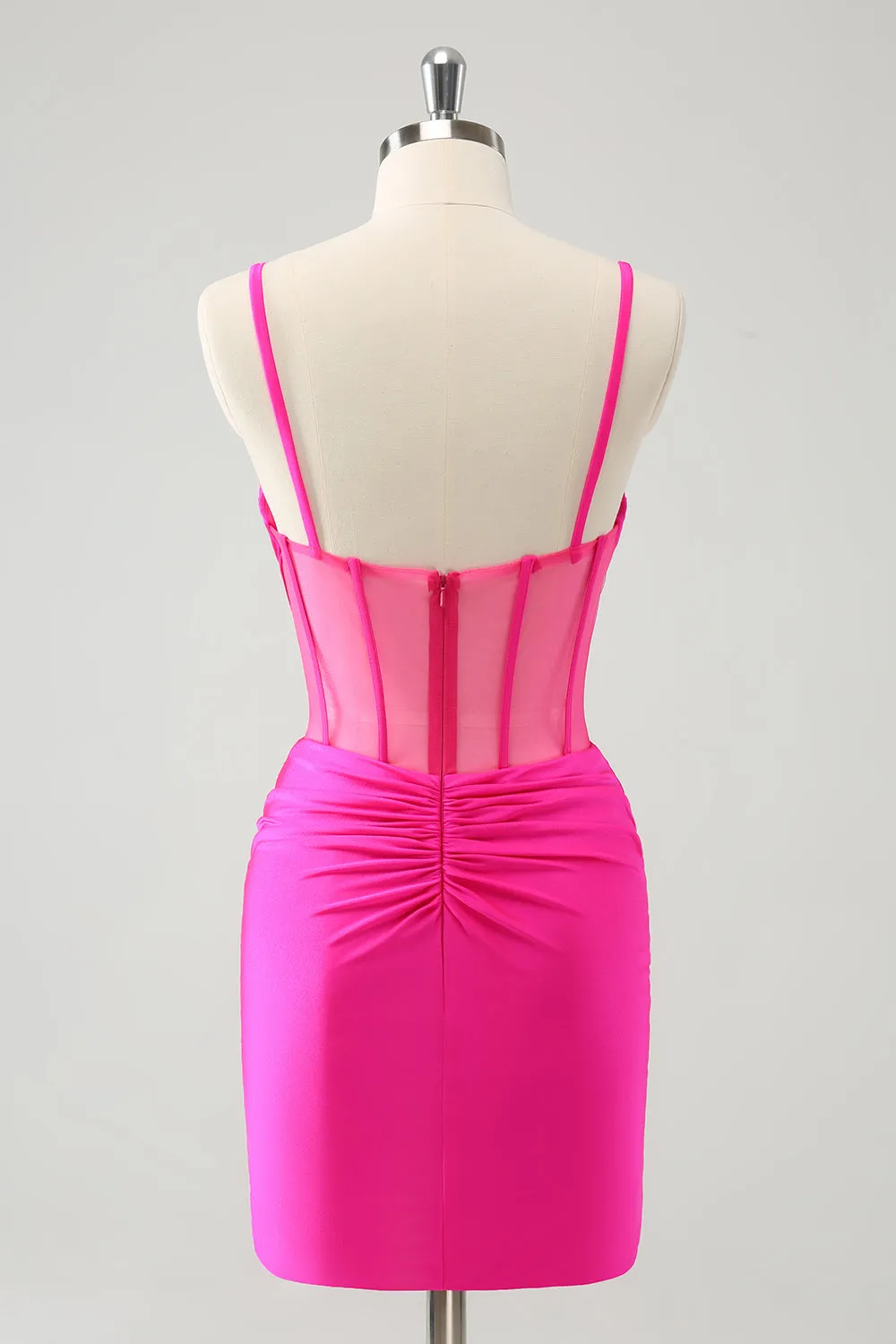 Chic Fuchsia Bodycon Pleated Corset Short Homecoming Dress with Beading
