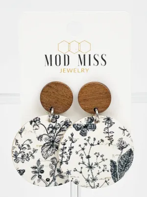 Cork Leather Round Earring "Vintage Wildflowers''