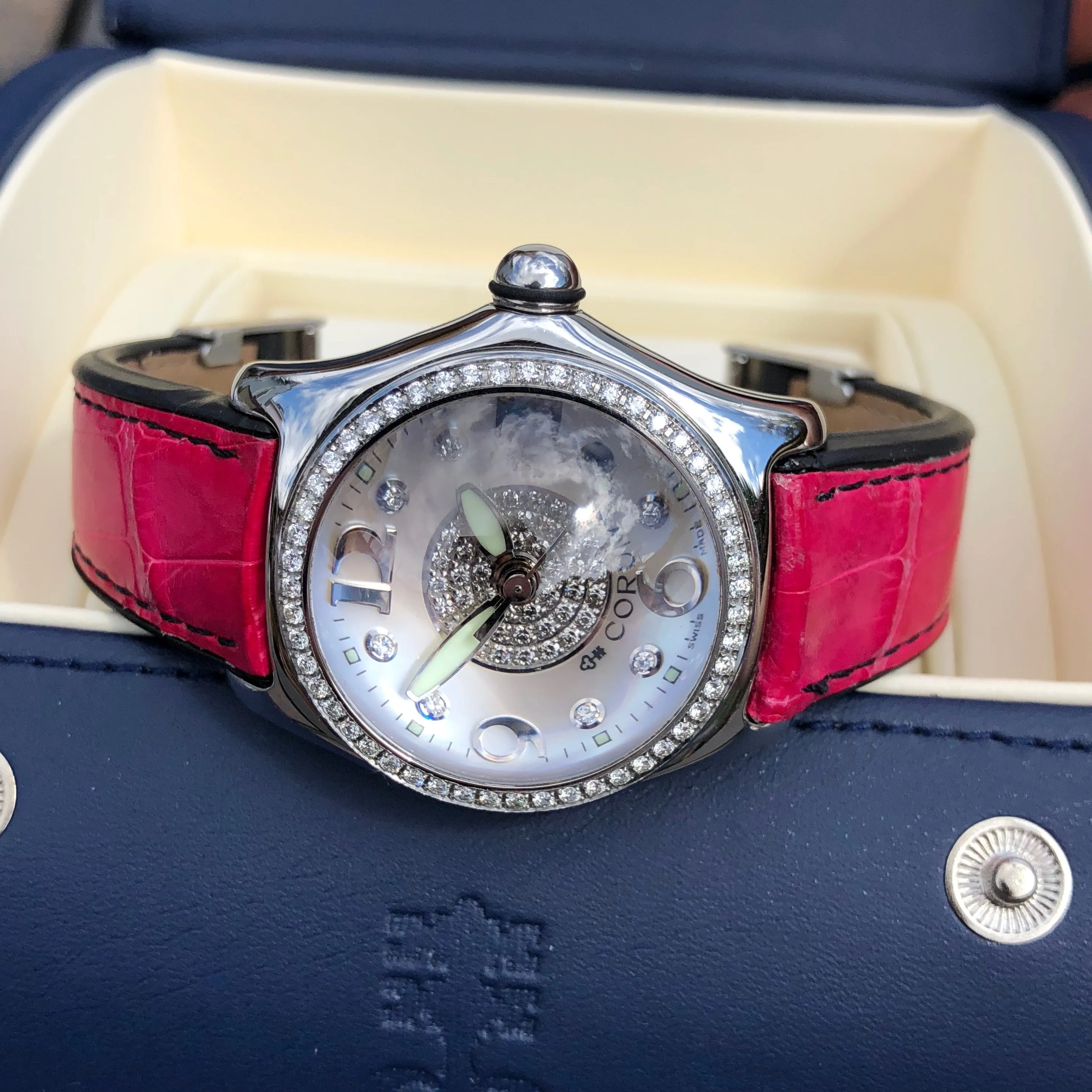 Corum Bubble Diamond MOP 39.151.47 34mm Stainless Steel Pink Leather Ladies Wristwatch Box & Papers