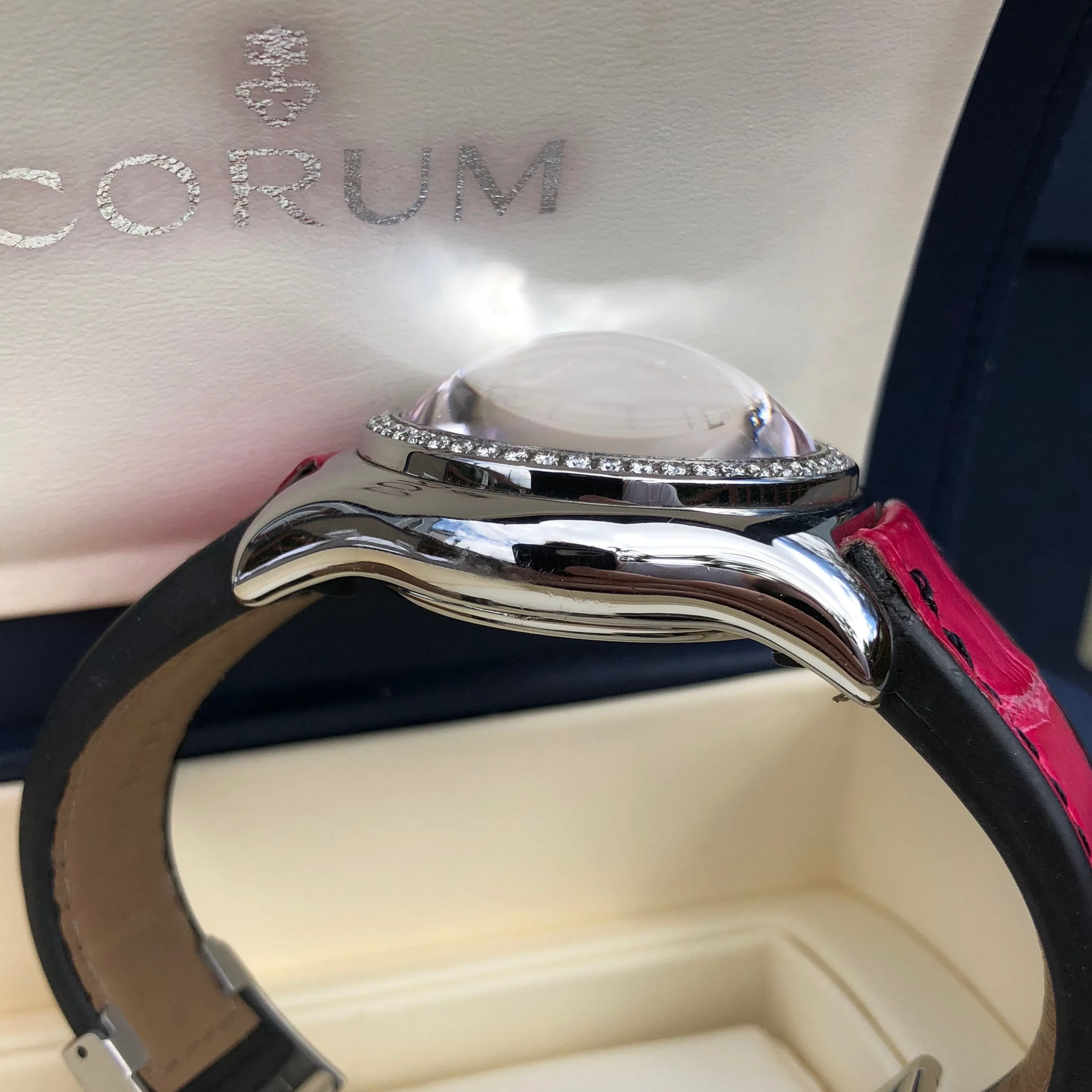 Corum Bubble Diamond MOP 39.151.47 34mm Stainless Steel Pink Leather Ladies Wristwatch Box & Papers