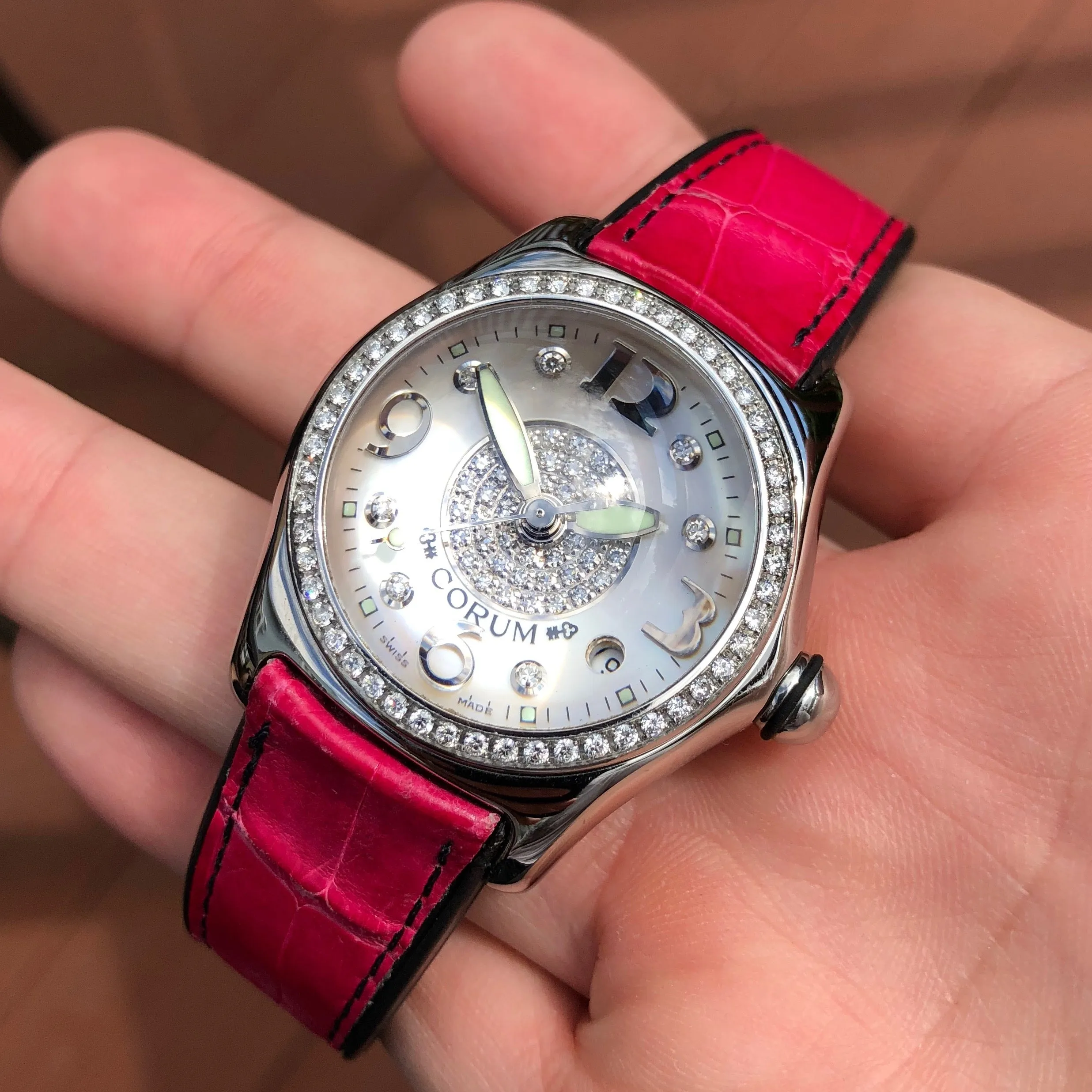 Corum Bubble Diamond MOP 39.151.47 34mm Stainless Steel Pink Leather Ladies Wristwatch Box & Papers