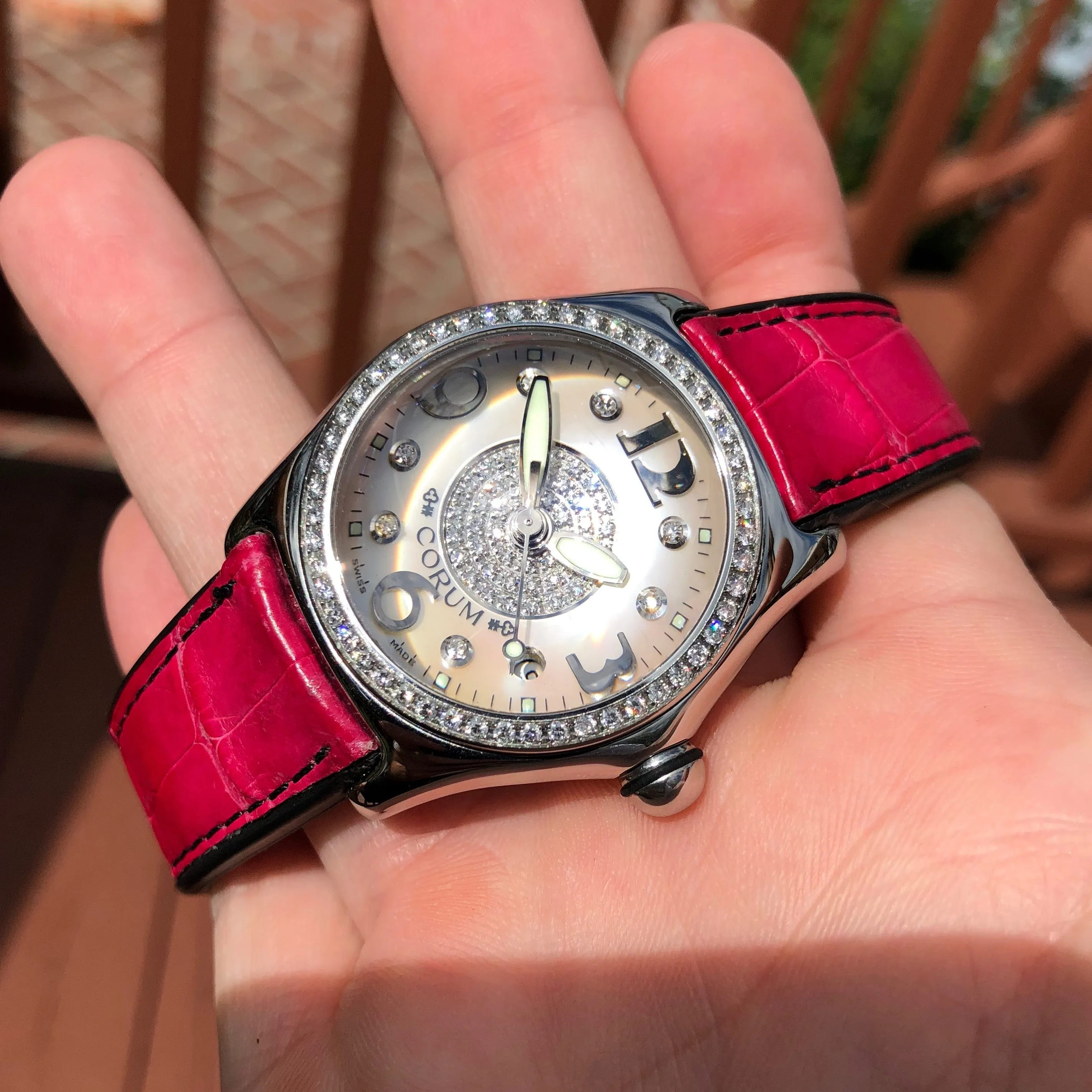 Corum Bubble Diamond MOP 39.151.47 34mm Stainless Steel Pink Leather Ladies Wristwatch Box & Papers