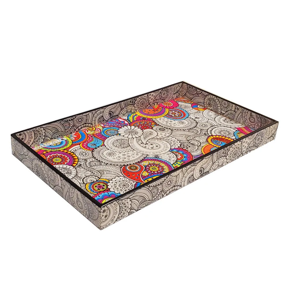 Dual Theme Doodle Art Pattern Laminated Paisley Mandala Design Wood Tray