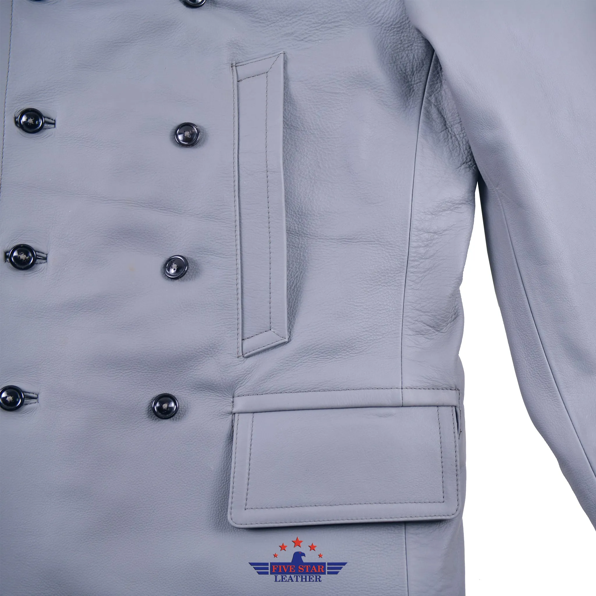 FiveStar Leather German U-Boat Grey Leather Coat Real Steerhide Leather