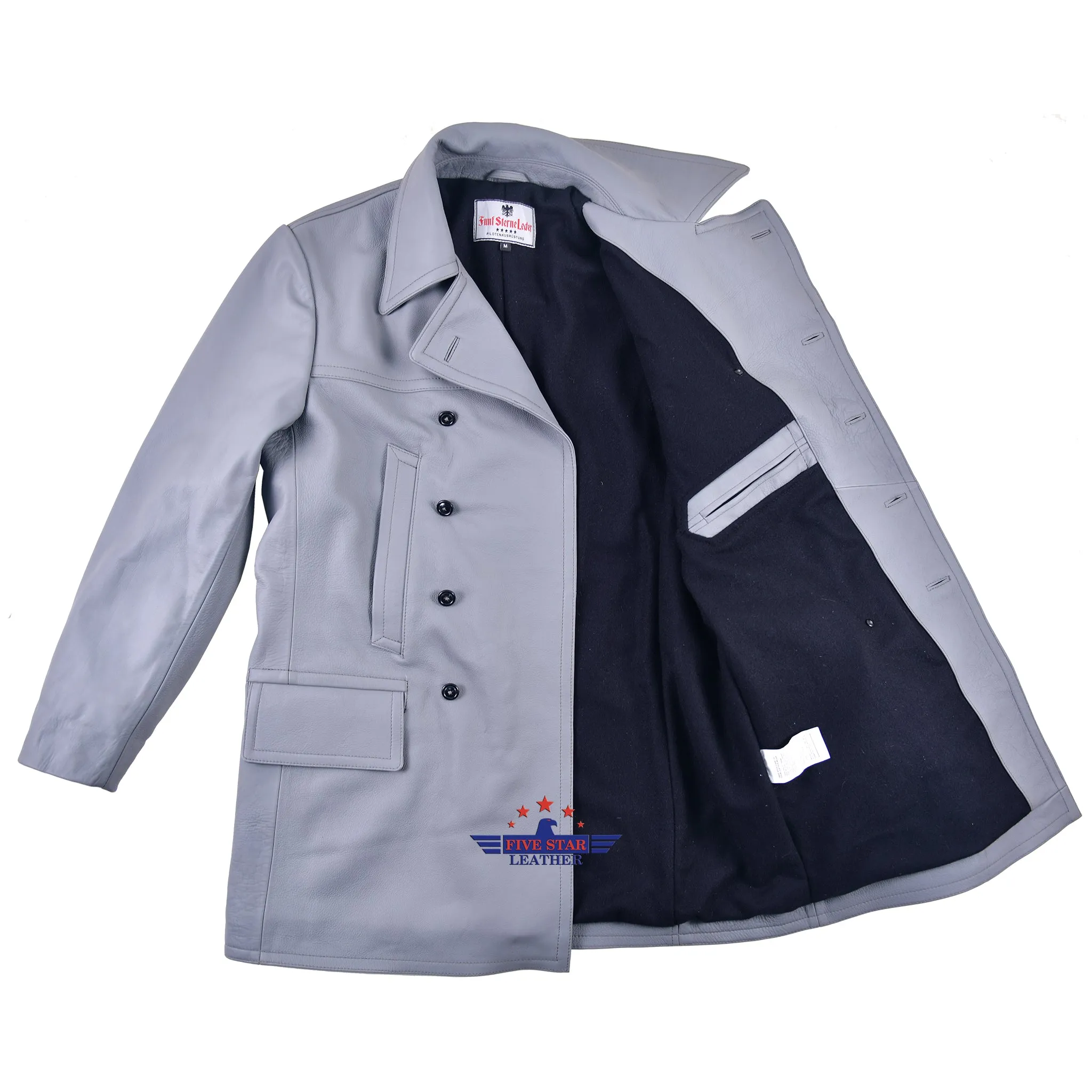 FiveStar Leather German U-Boat Grey Leather Coat Real Steerhide Leather