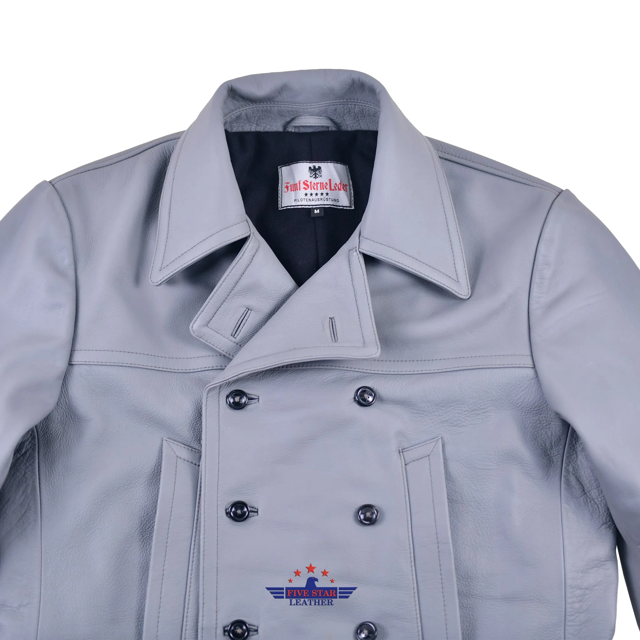 FiveStar Leather German U-Boat Grey Leather Coat Real Steerhide Leather