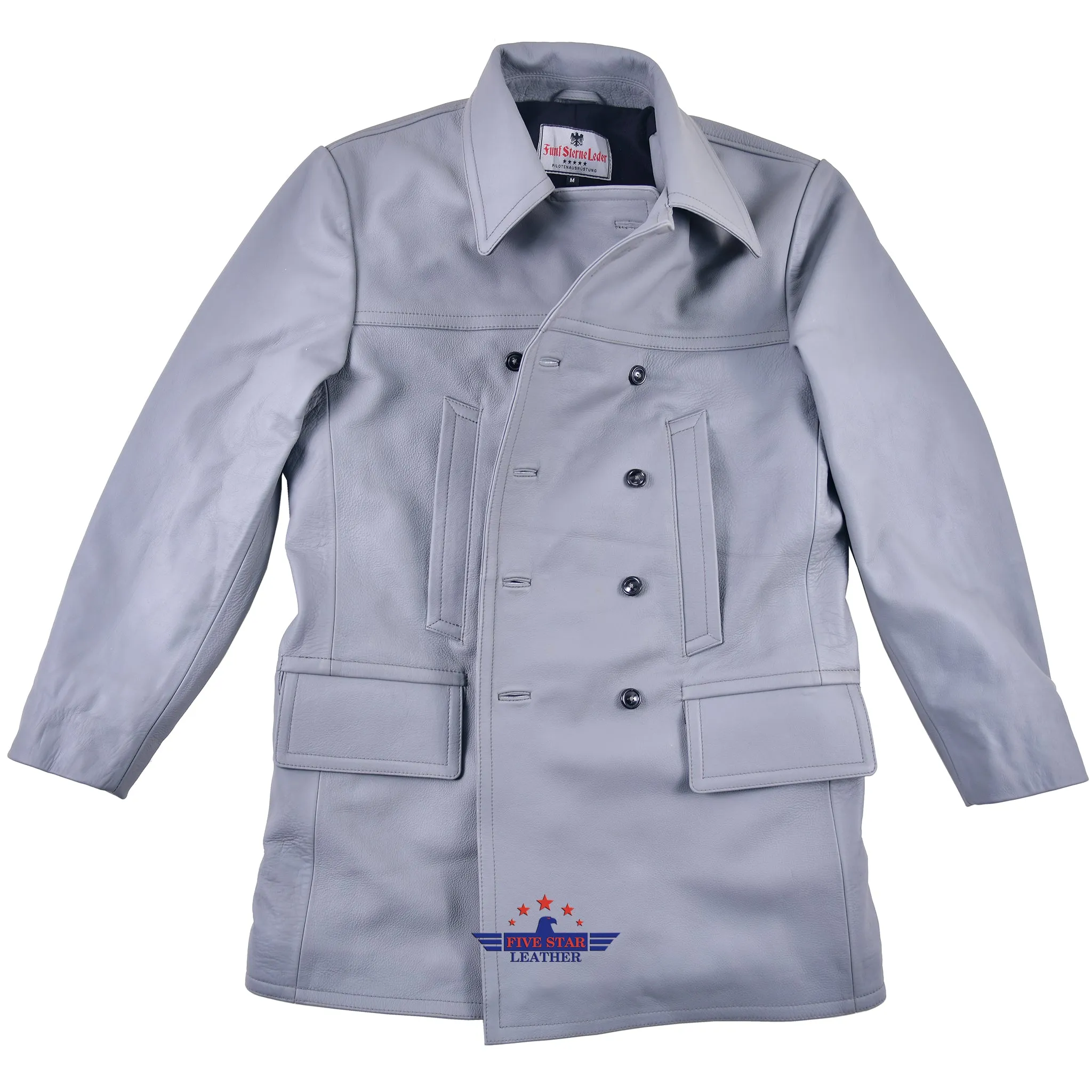 FiveStar Leather German U-Boat Grey Leather Coat Real Steerhide Leather