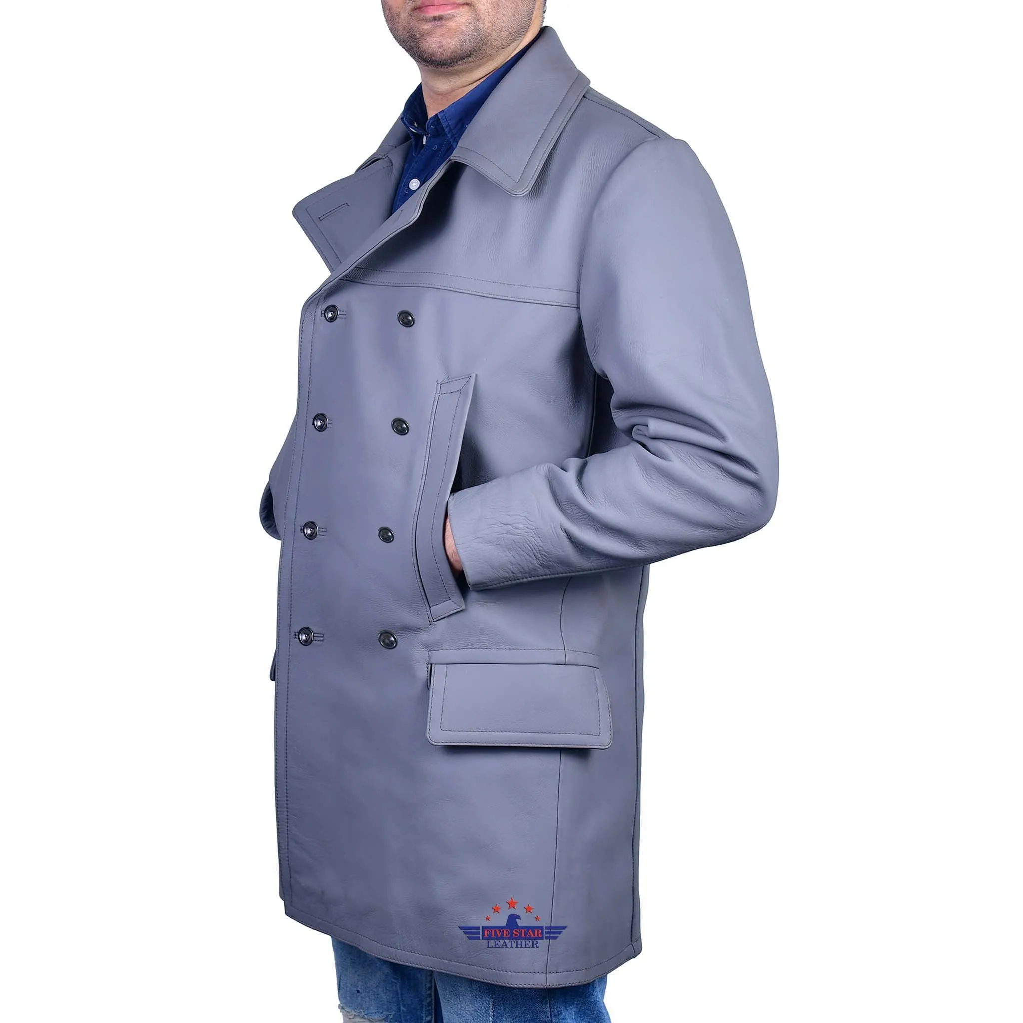 FiveStar Leather German U-Boat Grey Leather Coat Real Steerhide Leather