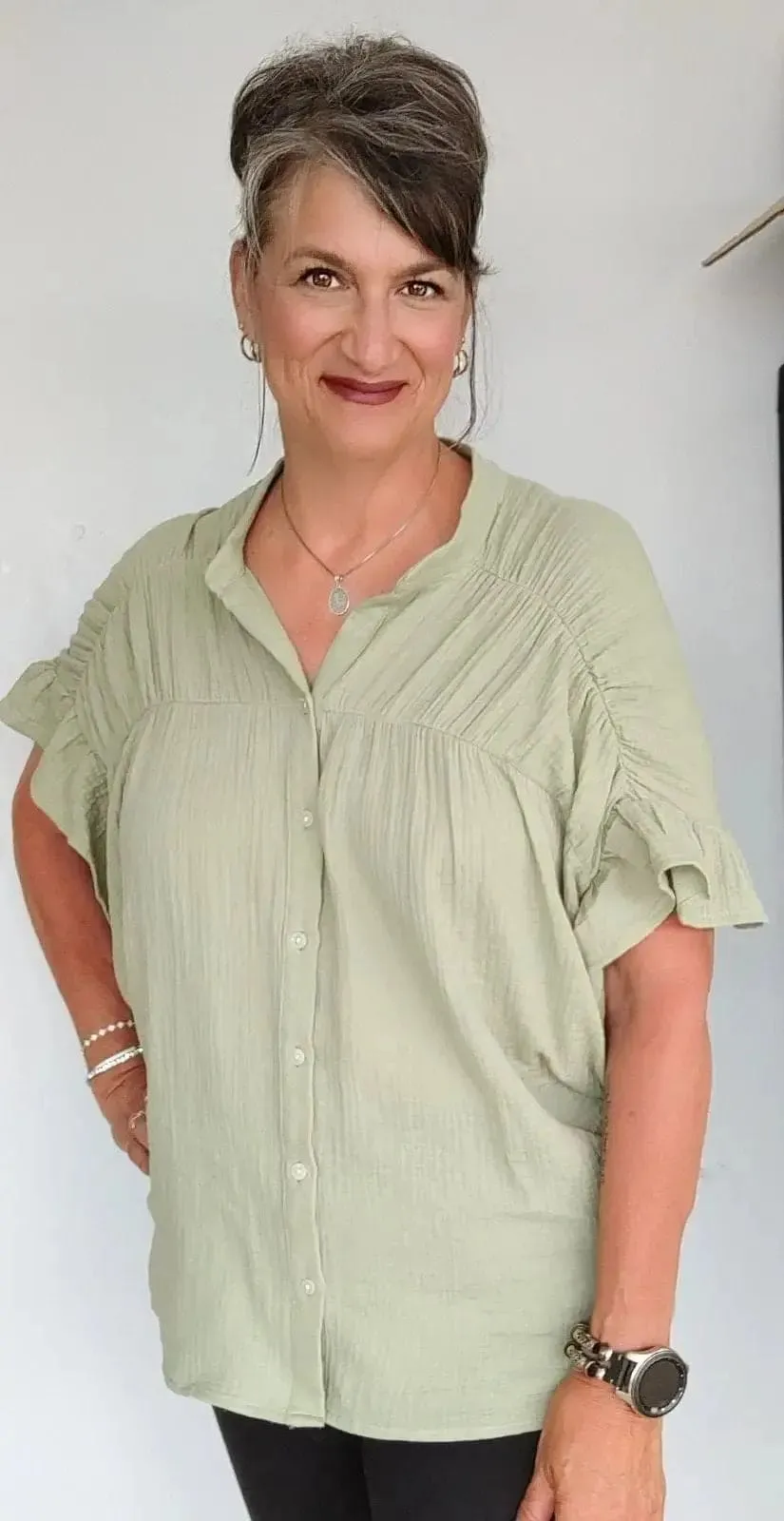 Gauze Wrinkle Shirred Top in Dust Sage