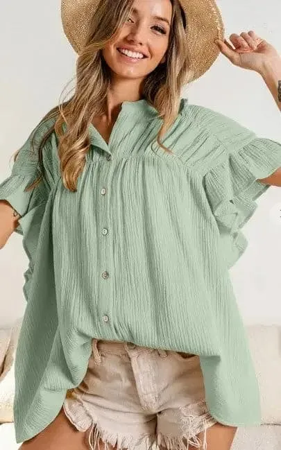 Gauze Wrinkle Shirred Top in Dust Sage