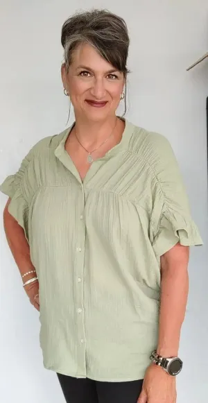 Gauze Wrinkle Shirred Top in Dust Sage