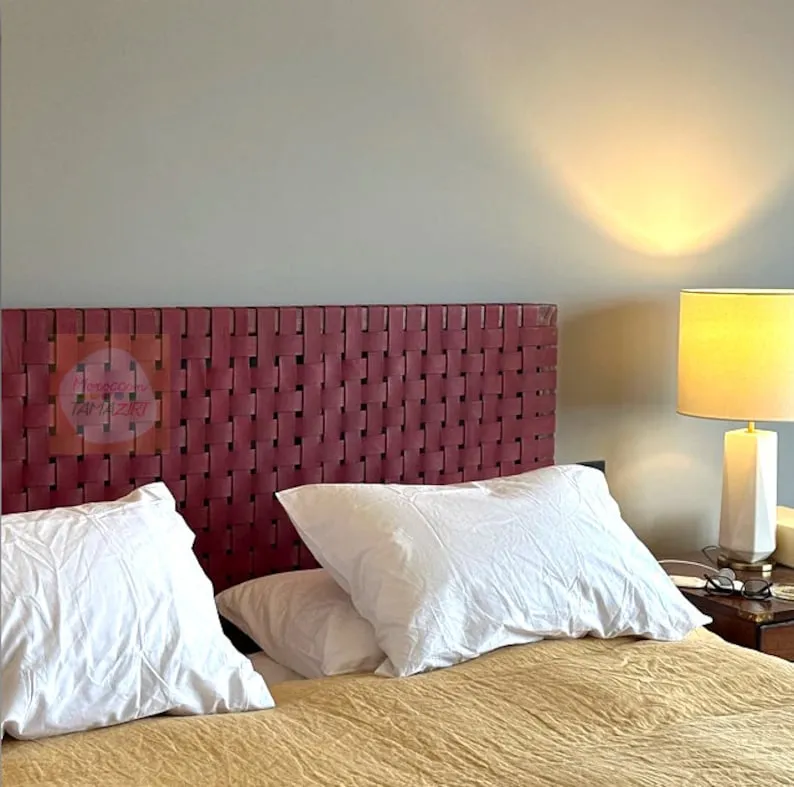 Genuine Leather Hanging Headboard - Leather Headboard - Bedroom Wall Décor Over the Bed - Hanging Leather with Strap and Brass Ring - High Quality