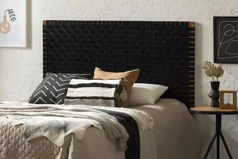 Genuine Leather Hanging Headboard - Leather Headboard - Bedroom Wall Décor Over the Bed - Hanging Leather with Strap and Brass Ring - High Quality