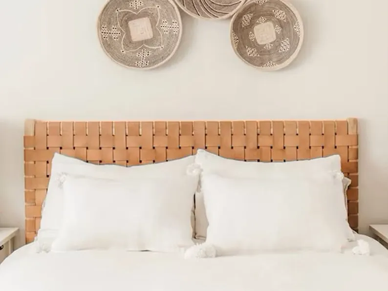 Genuine Leather Hanging Headboard - Leather Headboard - Bedroom Wall Décor Over the Bed - Hanging Leather with Strap and Brass Ring - High Quality