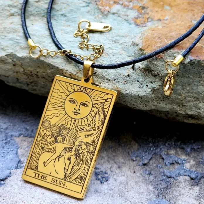 GOLD TAROT / Gold Tarot Card Pendant Leather Necklace Unique Necklace Hand Stars Mystic Spell Necklace Celestial Jewelry Gift for Her