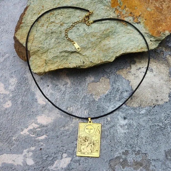 GOLD TAROT / Gold Tarot Card Pendant Leather Necklace Unique Necklace Hand Stars Mystic Spell Necklace Celestial Jewelry Gift for Her