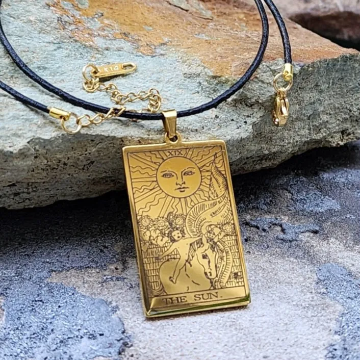 GOLD TAROT / Gold Tarot Card Pendant Leather Necklace Unique Necklace Hand Stars Mystic Spell Necklace Celestial Jewelry Gift for Her