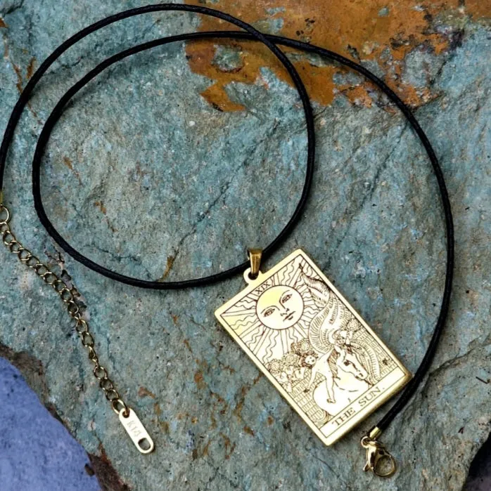 GOLD TAROT / Gold Tarot Card Pendant Leather Necklace Unique Necklace Hand Stars Mystic Spell Necklace Celestial Jewelry Gift for Her