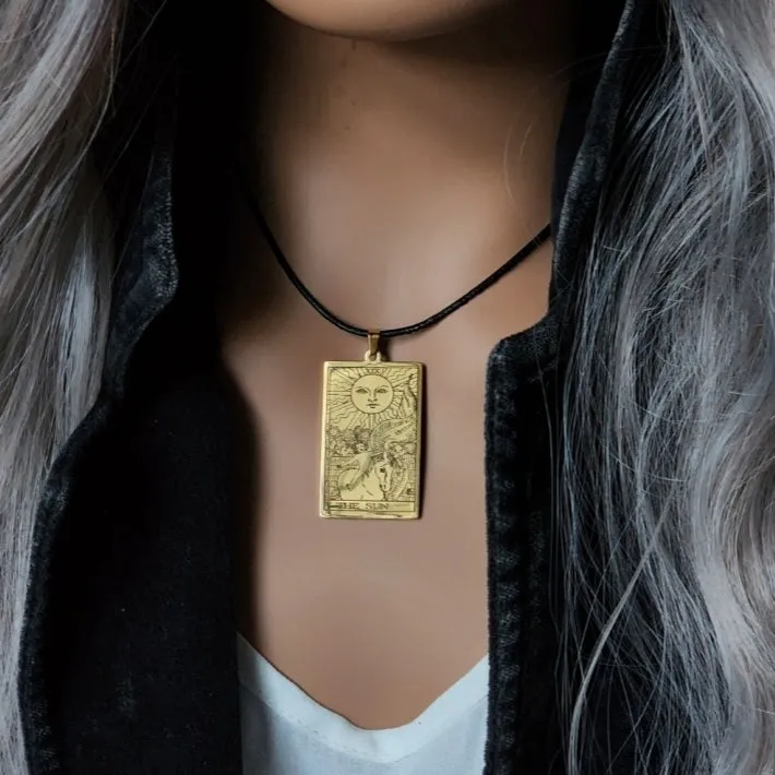 GOLD TAROT / Gold Tarot Card Pendant Leather Necklace Unique Necklace Hand Stars Mystic Spell Necklace Celestial Jewelry Gift for Her