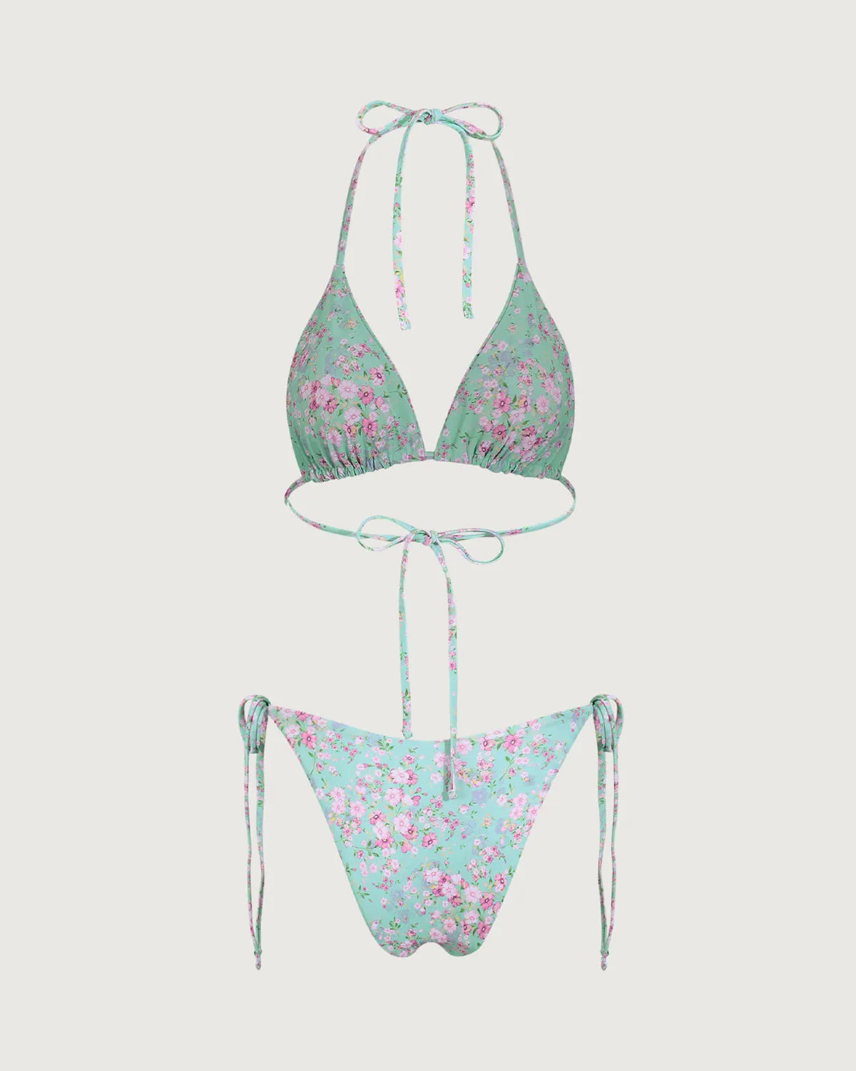 Green Floral Halter Bikini Set