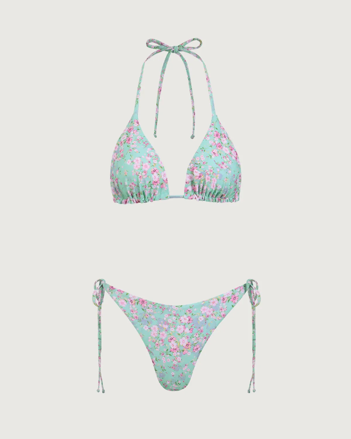 Green Floral Halter Bikini Set